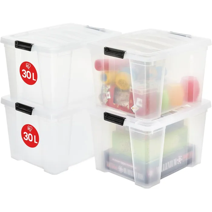Iris Ohyama, Boite de Rangement Plastique avec Couvercle, 30L, Lot de 4, Transparent, HB-30