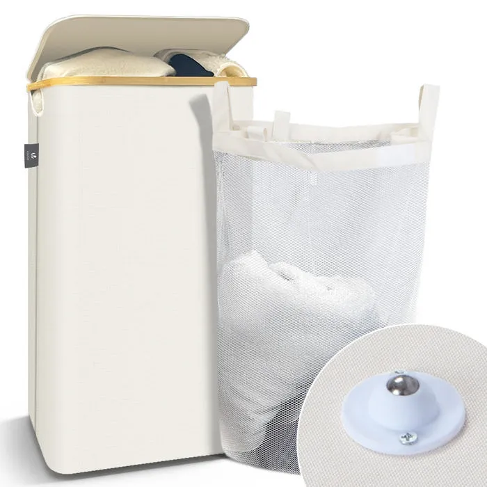 Vounot Panier A Linge Pliable 100l Avec Sac Intérieur Cadre Bambou Et Couvercle Beige