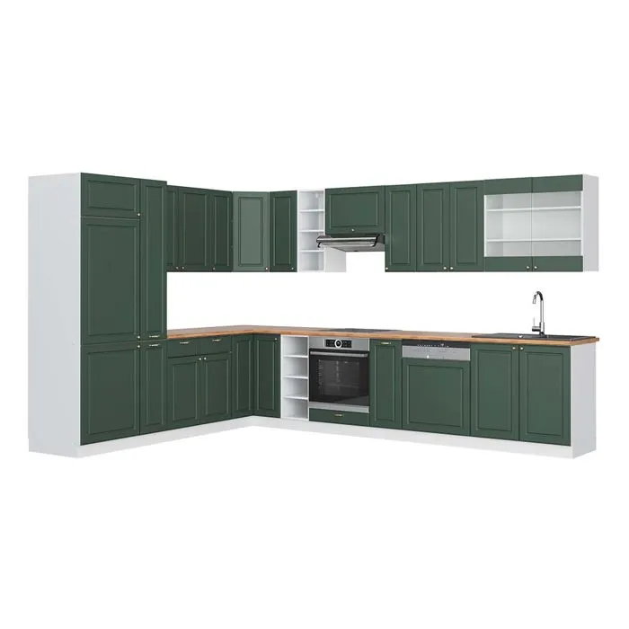 Vicco Cuisine en angle Vert Or Campagne/Blanc 347 x 257 cm plan de travail Chêne doré