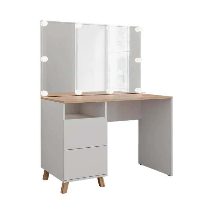 Vicco Coiffeuse Blanc/Chêne Artisan 110cm avec miroir et guirlande LED