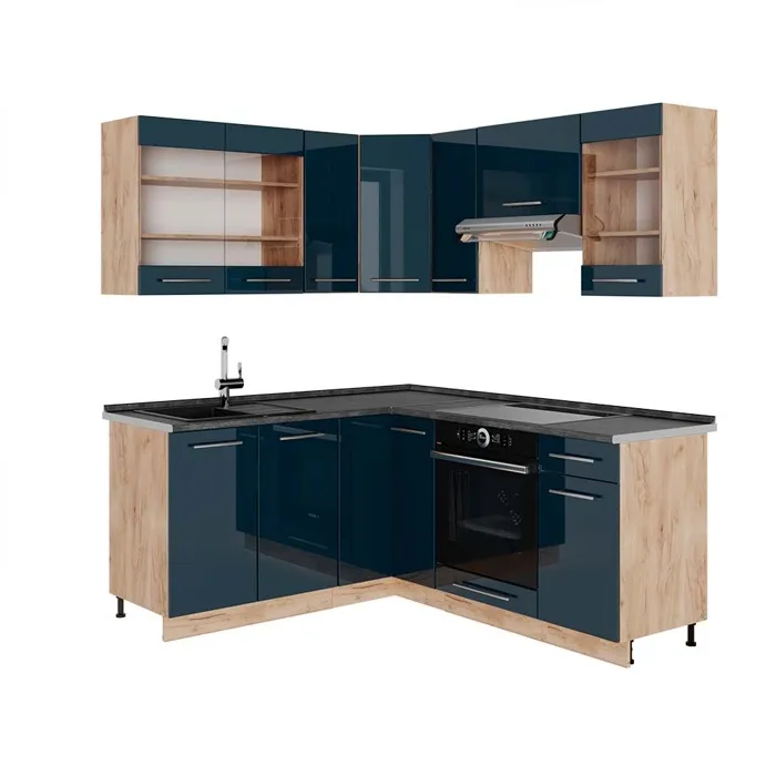 Vicco Cuisine dangle Bleu foncé brillant/Chêne de force doré 190 x 160 cm, PT Anthracite