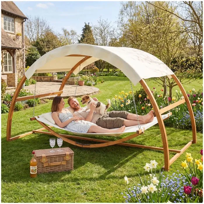 Hamac Pour 2 Personnes Avec Cadre En Bois Et Grand Toit Solaire