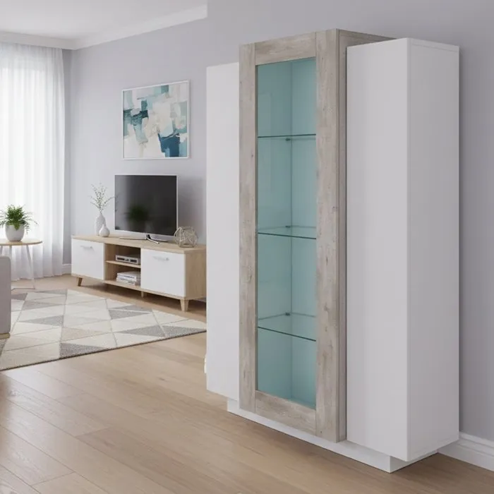 Vitrine, Effet Bois, Blanc Brillant, Ciment, 80x38h121 Cm
