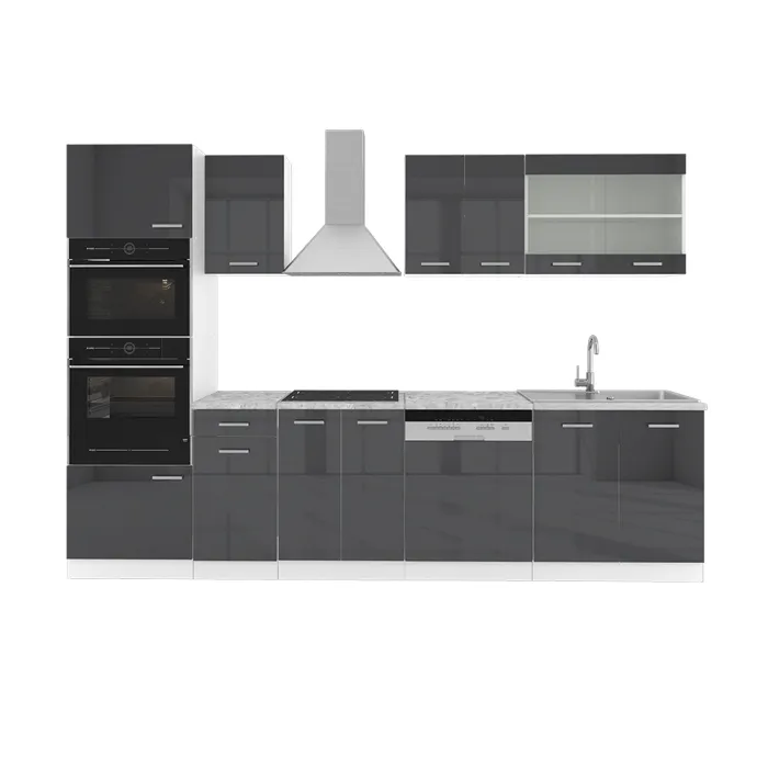 Vicco Cuisine Anthracite brillant/blanc 300cm avec armoire haute, PT Marbre