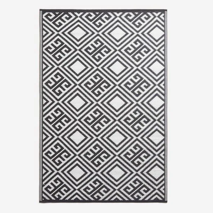 Tapis extérieur terrasse réversible - Tapis de jardin imperméable résistant UV - Géométrique - Noir - 119x186 cm - HOMESCAPES