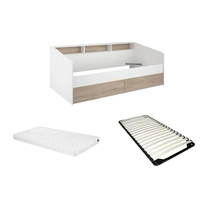 Lit 90 x 190/200 cm avec rangements - Blanc et naturel + Sommier + Matelas - PAULETTE