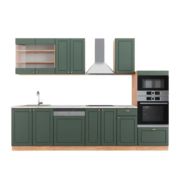Vicco Cuisine Chêne vert et or/chêne doré 300cm avec armoire haute, PT Marbre