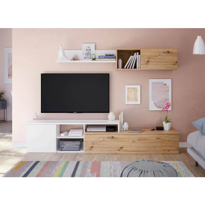 Meuble Tv Effet Bois Beige, Blanc 220x40 Cm