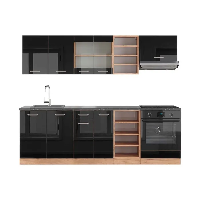 Vicco Cuisine Noir brillant/Chêne doré 240cm, PT Anthracite