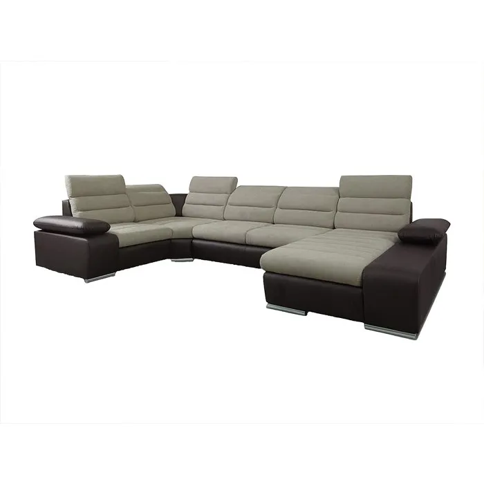 Canapé d'angle panoramique convertible en tissu et simili BOILEAU - Bicolore beige/marron - Angle droit