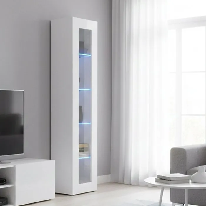 Vitrine, Effet Bois, Blanc Brillant, 40x30h180 Cm