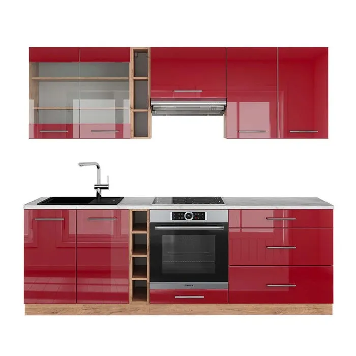 Vicco Cuisine Bordeaux brillant/Chêne doré 235cm, PT Marbre