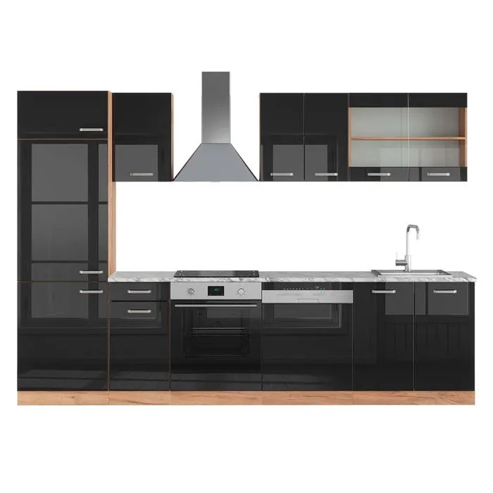 Vicco Cuisine Noir brillant/Chêne doré 300cm, PT Marbre
