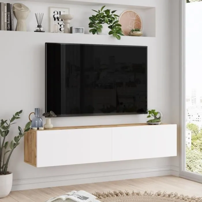 Meuble TV Lapinlahti à 2 portes 29,5 x 140 x 31,5 cm effet bois de pin / blanc en.casa