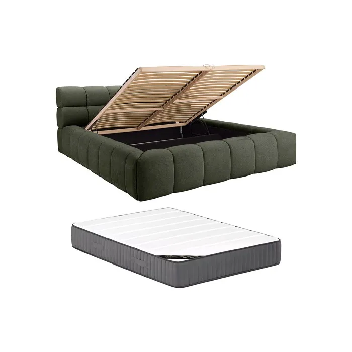 Lit coffre 160 x 200 cm - Tissu - Vert + Matelas - FORVIK