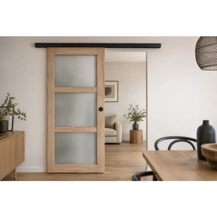 Porte Coulissante Bois Frake Vitrée H204 X L83 Cm, Rail Bandeau Noir, Coquilles Noir Gd Menuiseries