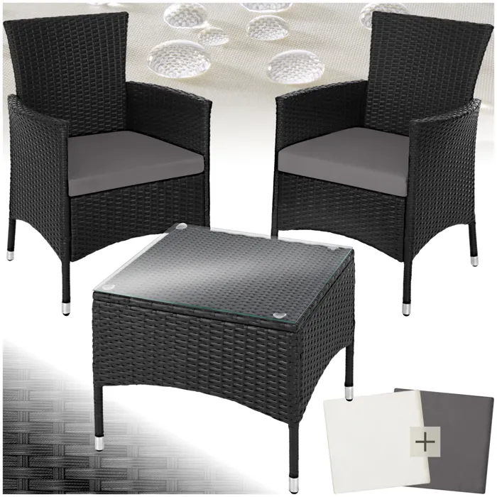 Salon De Jardin 2 Pers. Résine Tressée Acier Anti-uv Sets Housses Noir