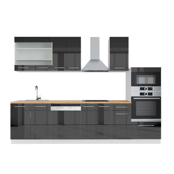 Vicco Cuisine Anthracite brillant/blanc 300cm avec armoire haute, PT Chêne
