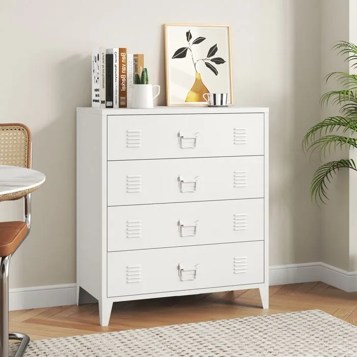 Commode métallique Hämeenlinna avec 4 tiroirs acier 92 x 80 x 40 cm blanc en.casa