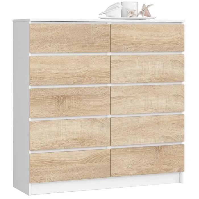 Commode Akord K120 Blanche 120 Cm 10 Tiroirs Façade Chêne Sonoma 120x40x121 Cm