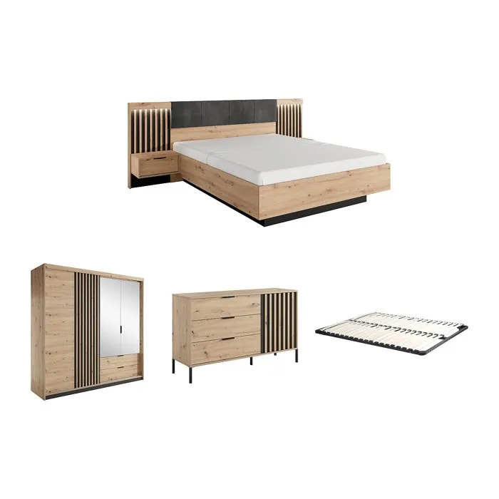 Ensemble lit avec chevets 160 x 200 cm + Sommier + Commode + Armoire - Coloris: Naturel et noir - ARIADA
