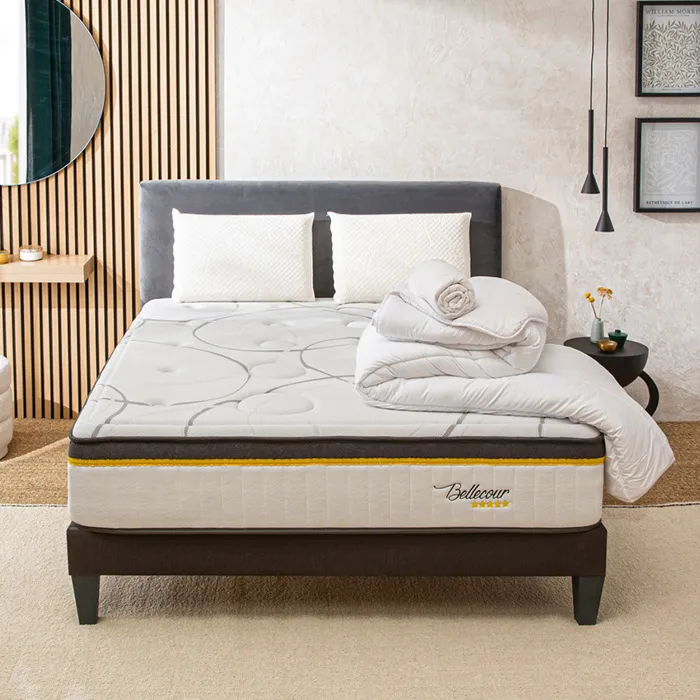 BELLECOUR LITERIE Pack Bellecour 3.0 140x190 cm Matelas Ressorts + Sommier Bois + Accessoires