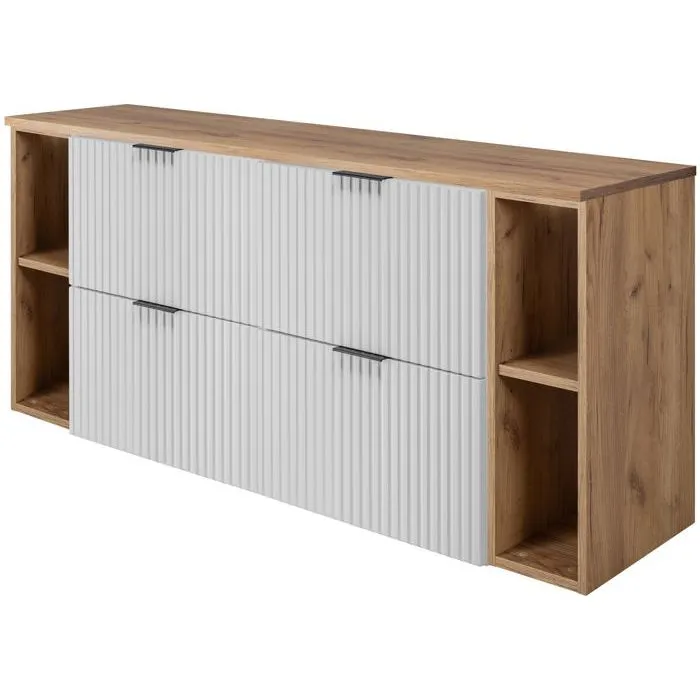 Meuble sous vasque FLOW BLANC 160 cm avec 2 x l'étagères - extensions et plan CHÊNE