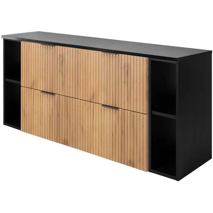 Meuble sous vasque FLOW CHÊNE 160 cm avec 2 x l'étagères - extensions et plan NOIR