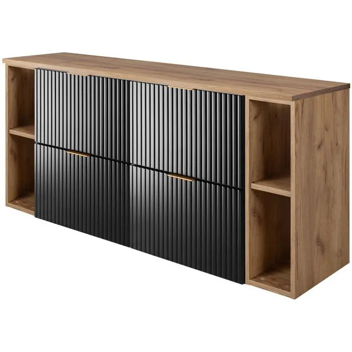 Meuble sous vasque FLOW NOIR 160 cm avec 2 x l'étagères - extensions et plan CHÊNE