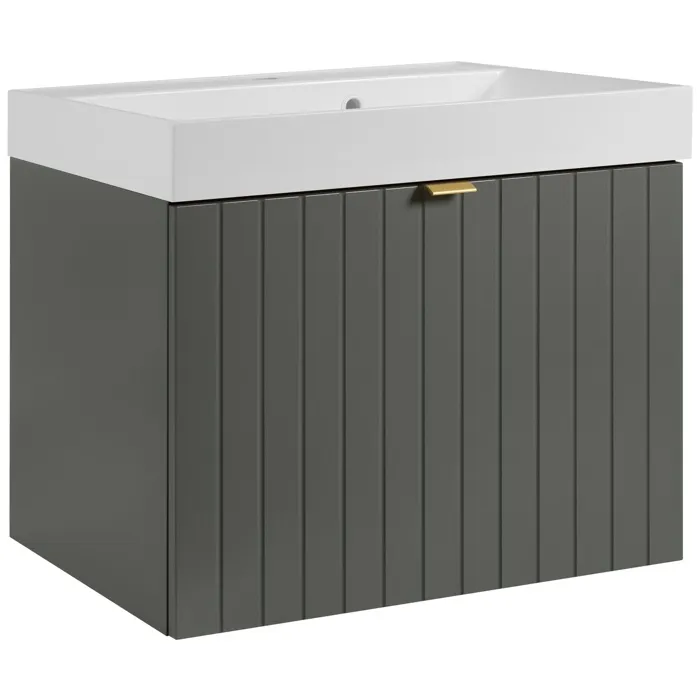 Meuble vasque suspendu HARMO 60 cm avec vasque encastrée en résine Façade rainuré vert