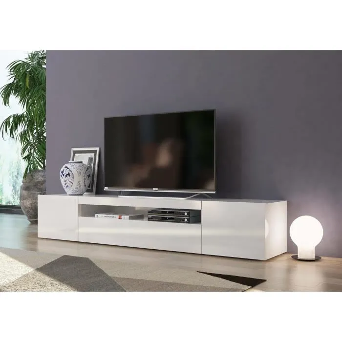 Meuble Tv Effet Bois Blanc Brillant 200x40 Cm