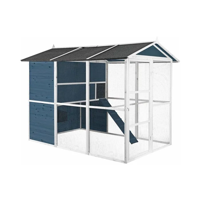 Poulailler en bois avec enclos - 10 poules - L. 266 x P. 174 x H. 205 cm - Bleu et Blanc - FERAS