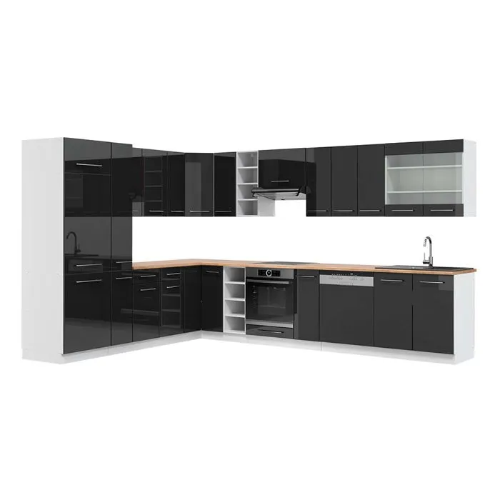 Vicco Cuisine en angle Anthracite Haute brillance/Blanc 347 x 257 cm plan de travail Chêne doré