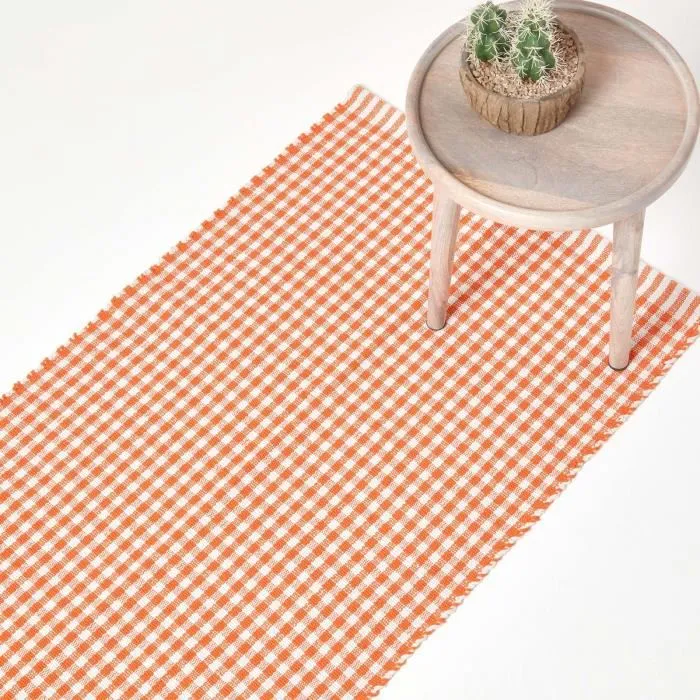 Tapis Carreaux Vichy Orange Blanc 66x200cm - Homescapes