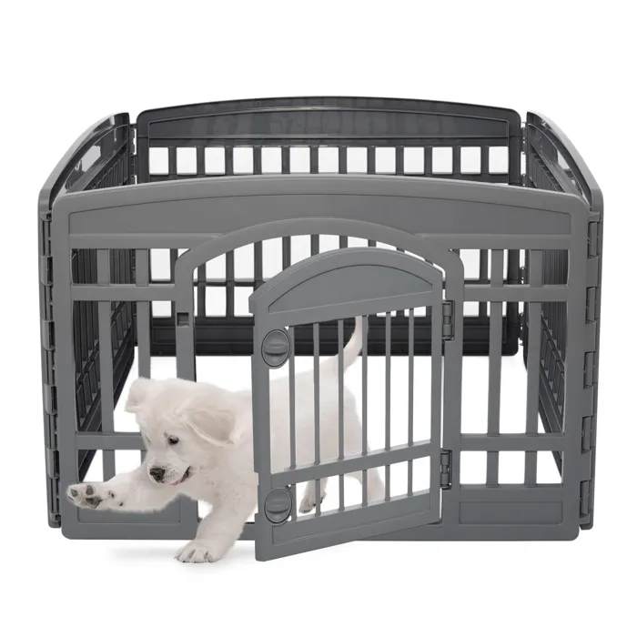 Iris Ohyama, Parc pour Chien Intérieur, Extérieur avec 4 Panneaux & Porte Verrouillable, H60cm, Gris Eco, Plastique, CI-604E