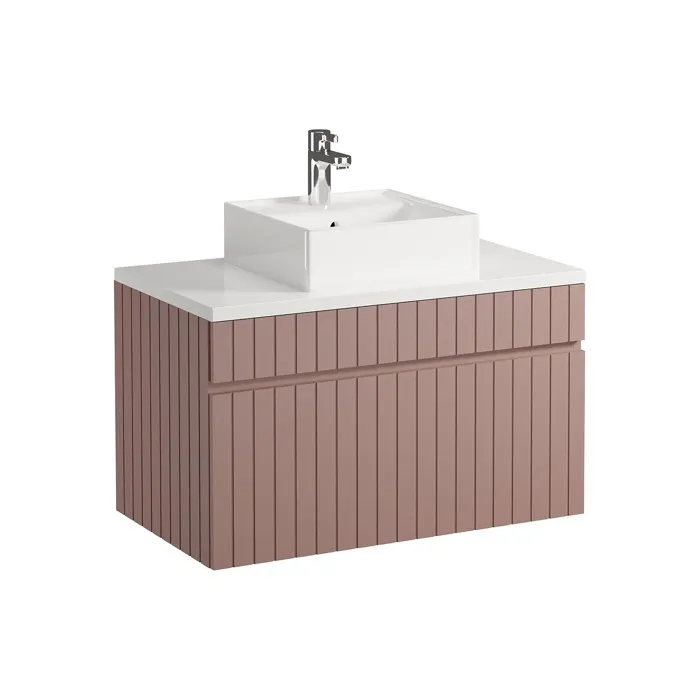 Meuble de salle de bain suspendu strié rose avec vasque à poser - 80 cm - SATARA