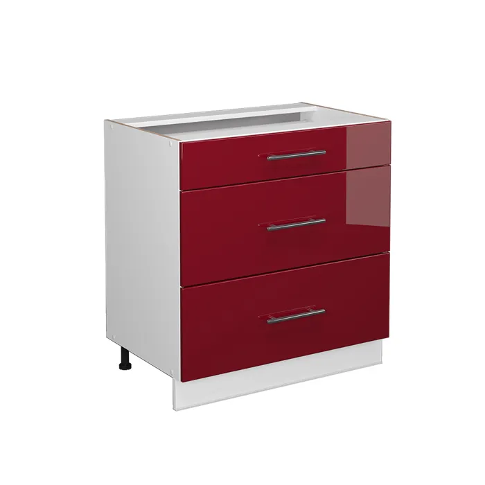 Vicco Meuble cuisine Rouge bordeaux Haute brillance 80cm avec 3 tiroirs, sans PT