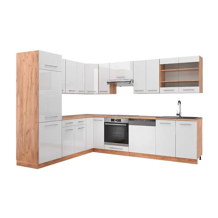 Vicco Cuisine en angle Blanc Haute brillance/Chêne de force doré 287 x 227 cm, PT Chêne
