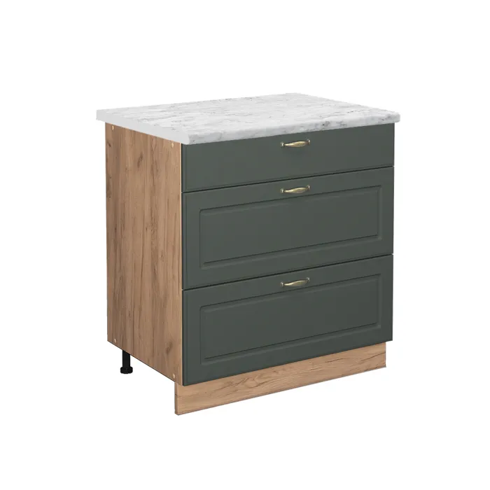 Vicco Meuble cuisine Vert Or Campagne/Chêne doré 80cm avec 3 tiroirs plan de travail Marbre