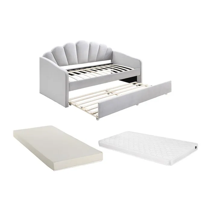 Lit gigogne coquillage 2 x 90 x 190 cm - Velours - Gris clair + Matelas - ELUSIA