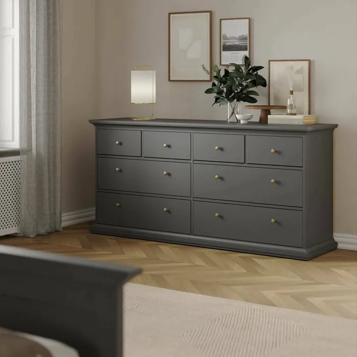 Commode Asiagela, 8 tiroirs 183x49x87h cm Gris