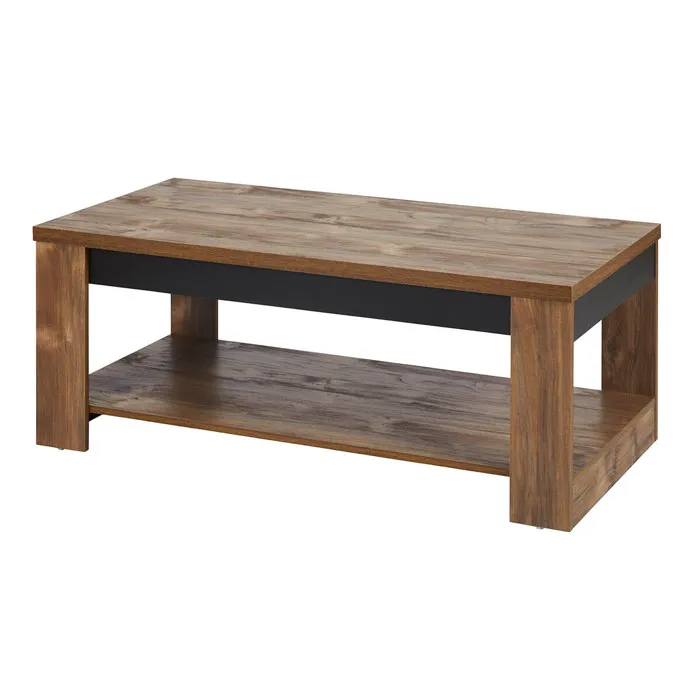 STALONE - Table Basse 2 Plateaux Effet Bois Manguier Foncé et Noir
