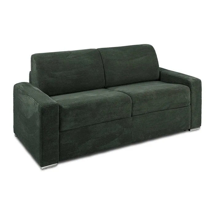 Canapé 3 places convertible express en velours côtelé vert - Couchage lattes larges 140 cm - Matelas 14 cm CALITO