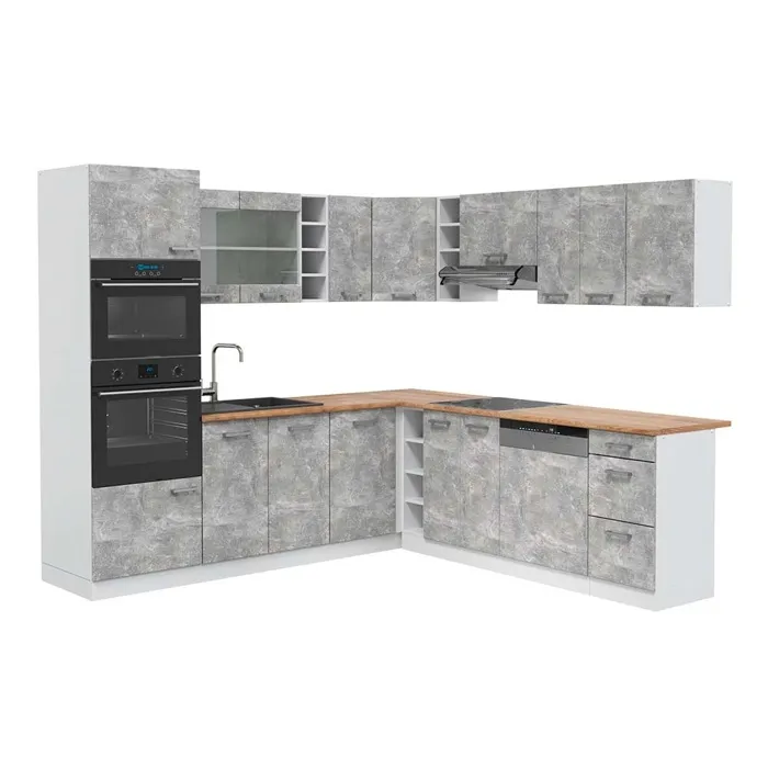 Vicco Cuisine en angle Béton/Blanc 247 x 237 cm, PT Chêne
