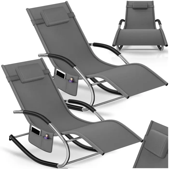 Chaise longue gris, lot de 2, résistantes aux intempéries, avec coussins, poche latérale