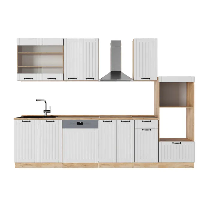 Vicco Cuisine Blanc campagne 300cm avec armoire haute, PT Chêne