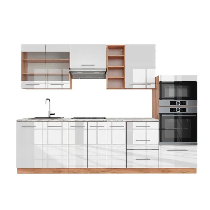 Vicco Cuisine Blanc brillant/Chêne doré 280cm, PT Marbre