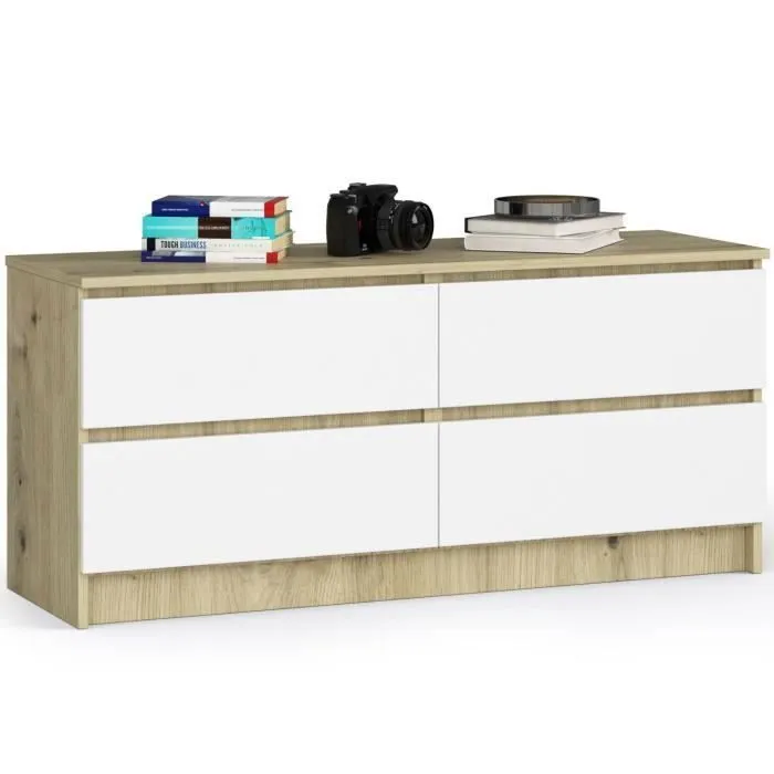 Commode AKORD K120 Chêne Artisan 120 cm 4 tiroirs façade Blanche 120x40x55 cm