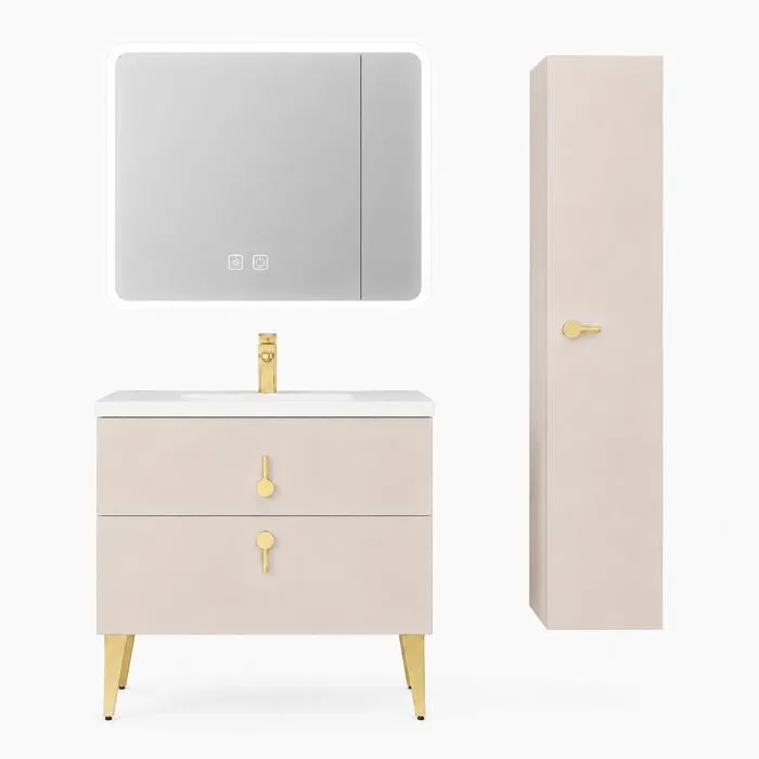 Meuble de salle de bain suspendu 80 cm avec plan vasque, armoire miroir LED et colonne de salle de bain - Beige cachemire - NORVA