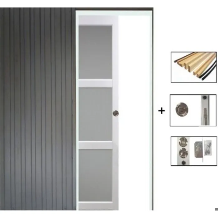 Porte Coulissante Kenya Blanc Vitrée H204 X L93 Cm, Galandage, Kit Finition Gd Menuiseries